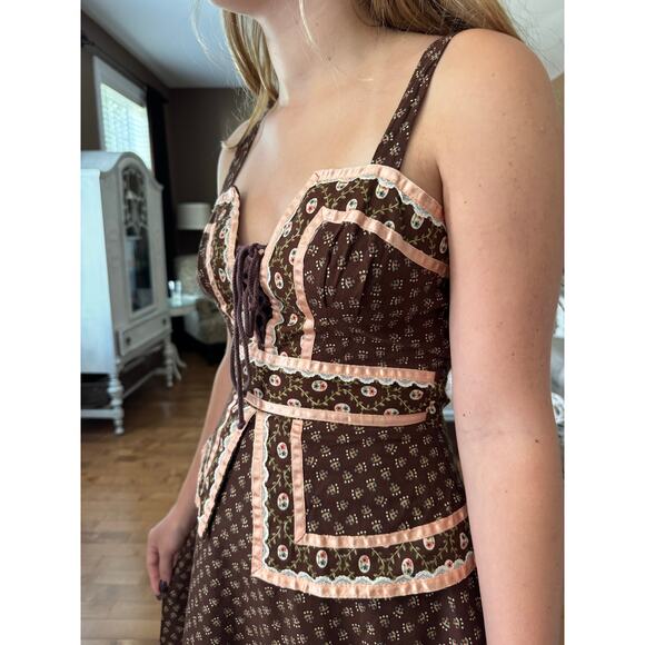 Gunne Sax 70's rare brown pink prairie maxi lace corset sundress cottagecore XS - Picture 15 of 17